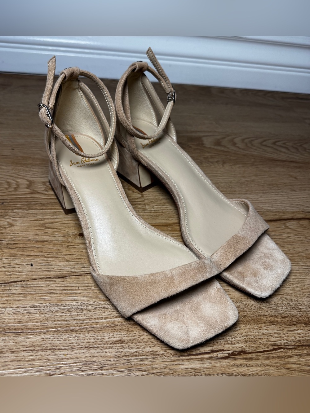 Women's Beige Suede Ankle-Strap Block Heel Sandals
